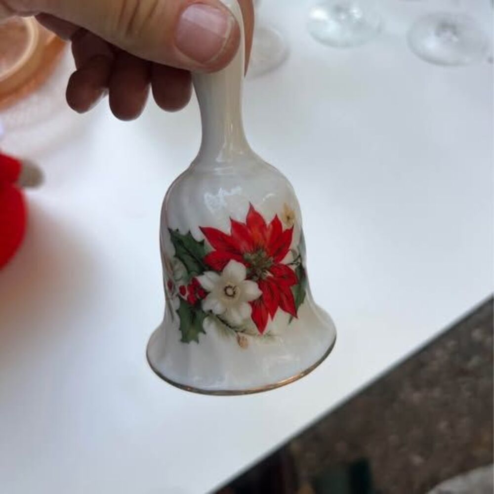 Vintage Christmas Porcelain Bell with Poinsettia Design
